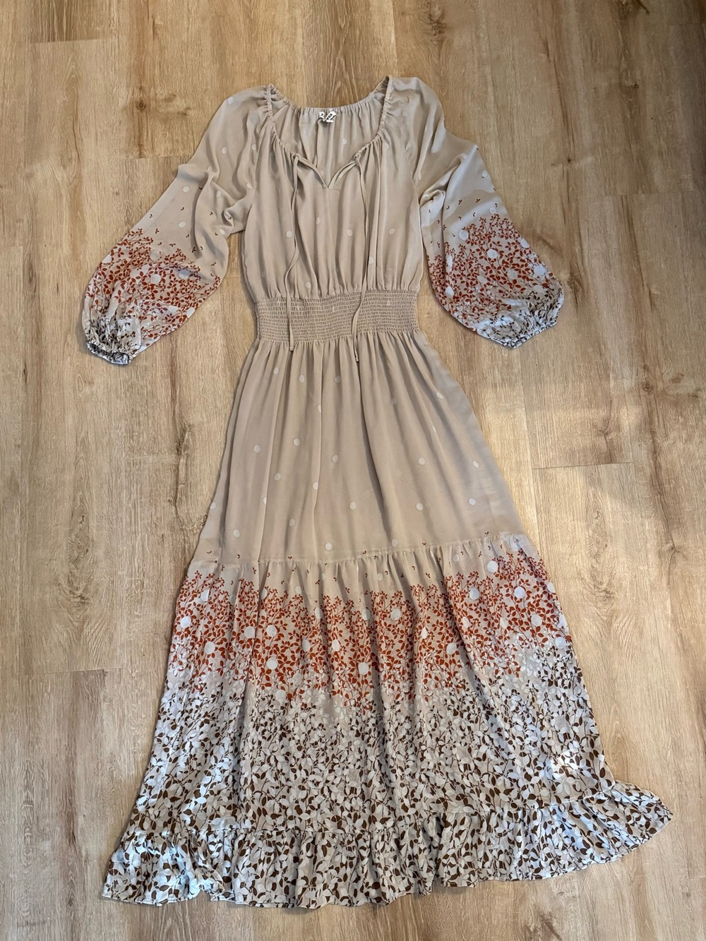 Express Beige Maxi Dress with Rust Floral Border
